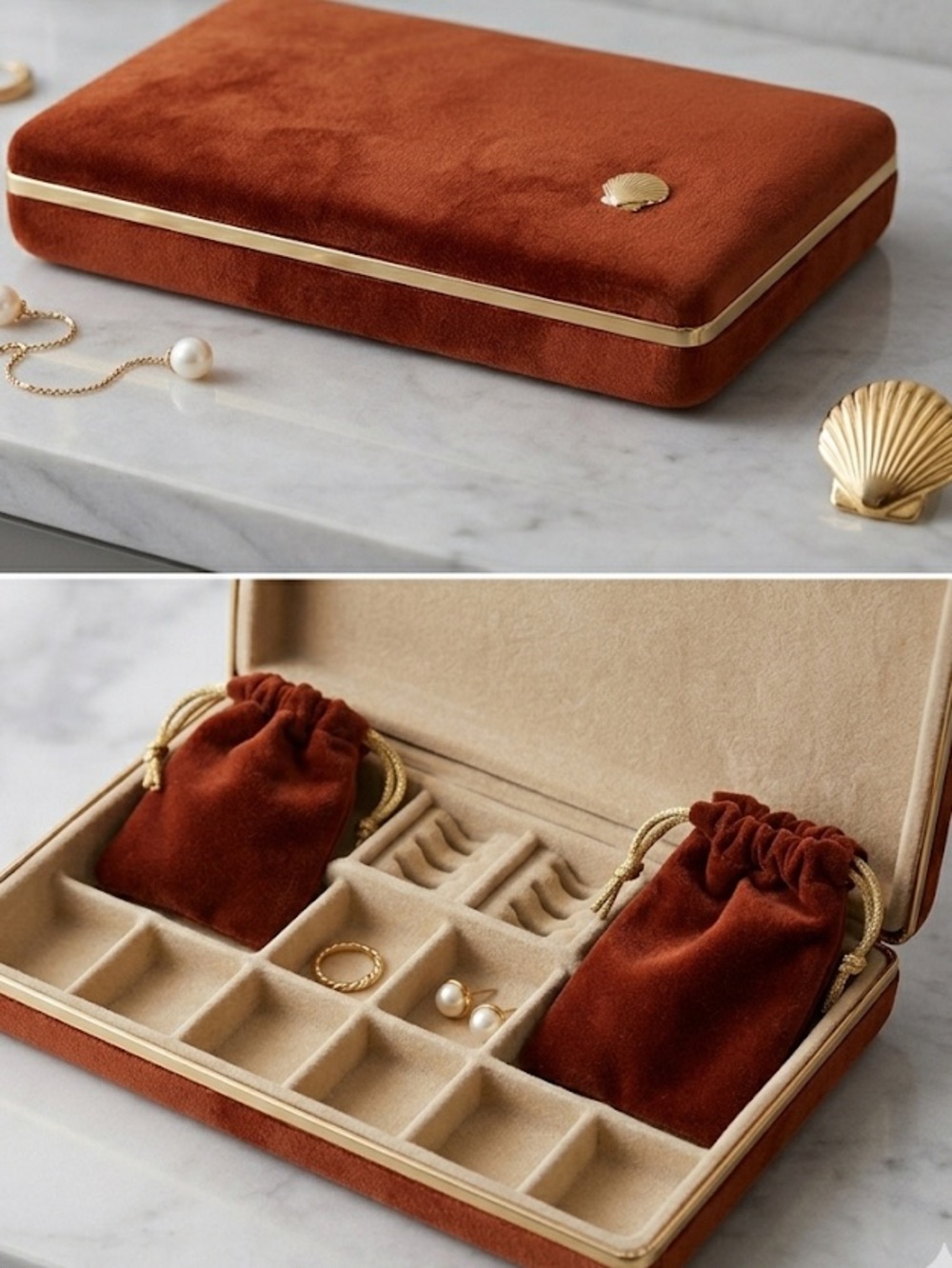 70’s Vintage Velvet Jewelry Organizer Box in Rust with Gold Trim